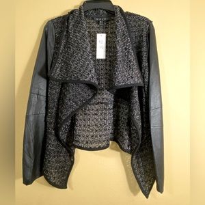 New Modern women's jacket in black with faux leather details on sleeves, Size S